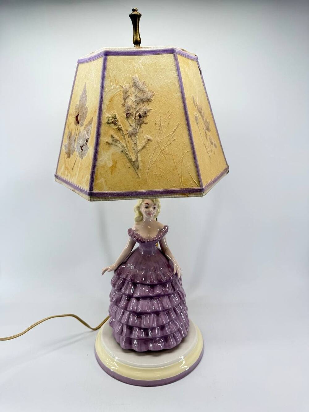 Vintage Holland Mold Ceramic Lady Figurine Table Lamp Purple Dress Shade 4.95 lb